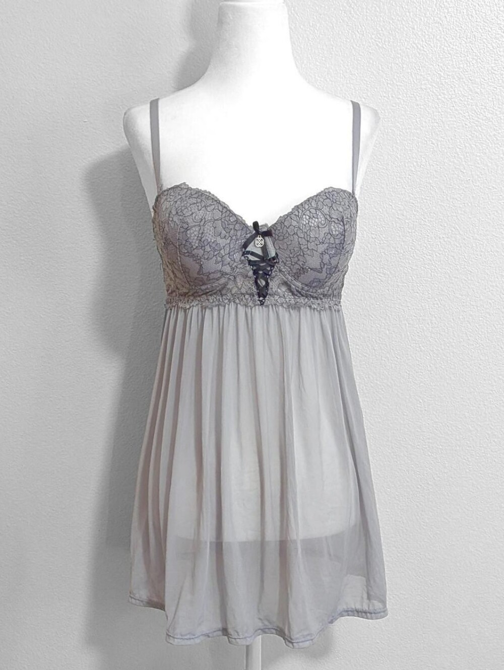 Daisy Fuentes Grey Sheer Lace Babydoll Slip Dress | Size L